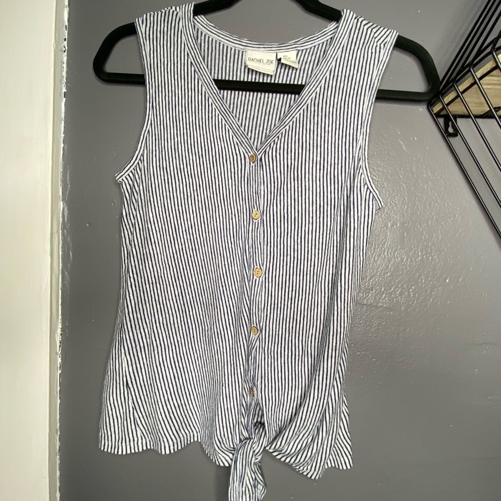 Rachel Zoe Linen Top Blue White Striped Sleeveless Tie Button Front Size L